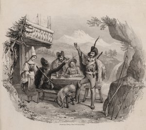 Jegere i fjellet nyter en drink på en taverna (gravering)