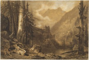 Alpeslott over en skogkledd innsjø, ca. 1870 (kull på papir)