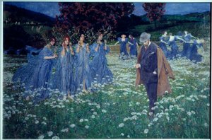 Reverie, en verden drømmeaktig landskap, en mann krysser et felt folk av avgifter. Maleri av Maximilian Lenz (1860-1948)