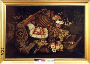 Stilleben. Blomster, vannmelon, aprikoser, druer, noter, fiolin, mandolin, øgle og palett med maling og pensler. Maleri av Maximilian Pfeiler (ca. 1660-1720) av Maximilian Pfeiler