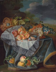 Druer, pærer og et eple på et glasskar, granatepler og en vevd kurv med frukt på et drapert bord, og et parklandskap bortenfor av Maximilian Pfeiler or Pfeiller