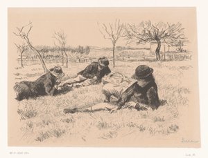Tre menn hviler på en eng av Maximilien Luce (signed by artist)