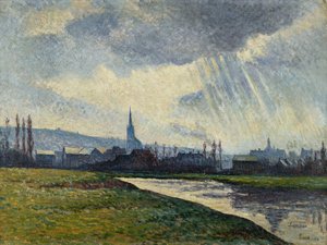 Couillet, Charleroi, landskap langs elven; Couillet, Charleroi, Landskap på kanten av elven, 1896