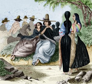 Kvinner fra Lima i Peru, gravering fra radiguets reise i Lima på 1840-tallet, fargelagt dokument