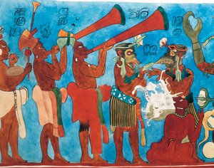 Reproduksjon av Bonampak-fresker, detalj med musikere fra Mexico, Chiapas, Bonampak (fresco)