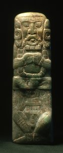 Statuett plassert i dedikasjon ned Hieroglyphic Stairway, Copan, Late Classic Period (600-900) (jade)