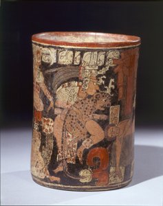 Cylindrical vessel with sacrificial scene, c.600850 AD (ceramic and pigments) av Mayan Mayan