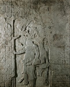 Mayakunst: panel n. 1 fra Maya-stedet El Cayo (mellom 600 og 800) som representerer en karakter omgitt av inskripsjon i hieroglyfer med henvisning til astronomiske beregninger. Privat samling av Mayan Mayan