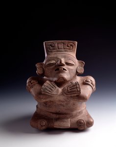Precolombiansk kunst, Maya sivilisasjon, klassisk periode: antropomorf leirvase som viser en sittende karakter, ben og armer krysser ansiktet snur oppover. Fra La Lagunita, Quiche, Guatemala Sun. h. 25 x bredde 21,5 cm Guatemala, Museo Nazionale di Archeol