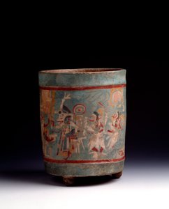 Precolombiansk kunst, Maya sivilisasjon, klassisk periode: sylindrisk vase i polykrom leire dekorerer en seremoniell scene med karakterer i prosesjon. Fra La Lagunita, Quiche, Guatemala. Sol. h. 24,1 x diam. 18,5 cm Guatemala, Museo Nazionale di Archeolo av Mayan Mayan