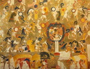 Rekonstruksjon av et Maya-maleri fra Chichen Itza (Yucatan, Mexico) som viser en kampscene. Maya sivilisasjonen.