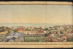 Utsnitt av et panorama av Delhi av Mazar or Mazhar Ali Khan