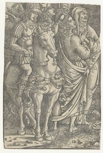 Fragment av en korsfestelse med evangelisten Johannes og Maria og soldater av Meester IB met de vogel