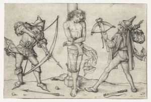 Saint Sebastian med bueskyttere av Meester van het Amsterdamse Kabinet