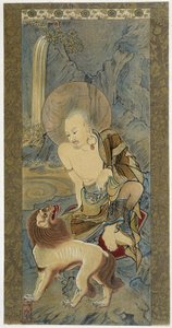 Mannen med løven. Maleri på silke av Meicho (1427-1532). av Meicho