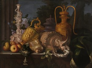 Stilleben, skjell og gullsmed. Maleri av Meiffren Conte (1630-1705). Olje på lerret. Mål: 91x121cm. Obligatorisk omtale: Collection fondation regards de Provence, Marseille av Meiffren (c.1630 1705) Conte