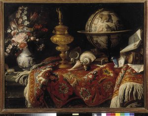 Vase med blomster, astral globus, bøker og gullverk på et teppe. Maleri av Meiffren Conte (eller greve) (1630-1705) Obligatorisk omtale: Collection fondation regards de Provence, Marseille (cm 92x121) av Meiffren (c.1630 1705) Conte