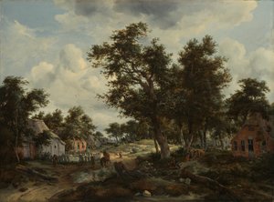 Et skogslandskap med reisende på vei gjennom en landsby, ca. 1665 (olje på lerret) av Meindert Hobbema