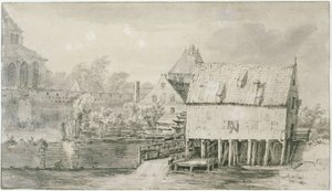 Den såkalte Bergkerk og vannmøllen i Deventer (Lugt 43) av Meindert Hobbema
