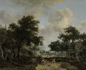Skoglandskap med Merrymakers i en vogn Landskap med muntert selskap av Meindert Hobbema