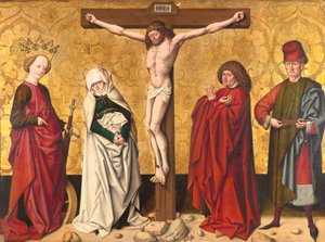 Kristus på korset mellom St. Mary og John, Catherine og Sebastian av Meister von Großgmain