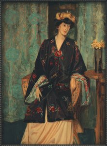 Portrett av Eleonore Reichl i en japansk kappe på Lechters kunstnertrone