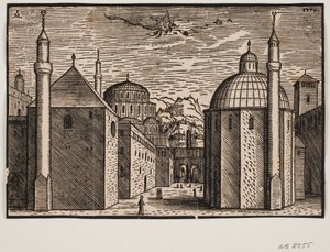 3 moskeer, hver med 1 minaret; på himmelen en flygende drage med lang hale av Melchior Lorck