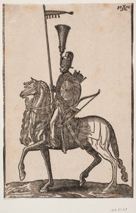 Montert soldat, profil til v.; lanse med vimpel, bue ved siden, sirkulært skjold, kogger; hodeplagg med fjærbusk av Melchior Lorck