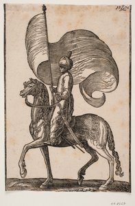 Montert standardbærer, profil til v.; han bærer et sverd ved sin v. side av Melchior Lorck
