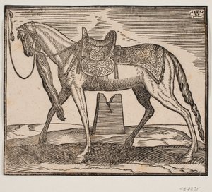 Elegant salhest, bundet av v. rammelinje, profil til v.; under hestens mage sees en ødelagt en