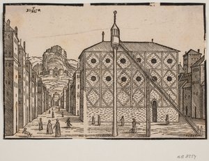 Gate, i forgrunnen moske og frittstående minaret av Melchior Lorck