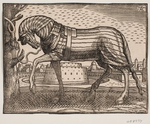 Hest, drapert, profil til v., bundet til et tre; i bakgrunnen by med kjegleformet slott i sirkulær vollgrav av Melchior Lorck