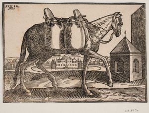 Hest, profil til h; på den synlige siden henger to keramiske beholdere; foran hesten en firkantet brønn med spiss tak, bak hesten et slott med tinder og kupler, omgitt av en sirkulær, vannfylt grav av Melchior Lorck