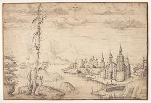 Landskap med en by av Melchior Lorck