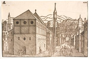 Moske med en frittstående minaret med utvendig trapp av Melchior Lorck
