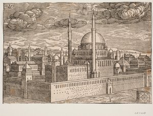 Moske, med to minareter, sett fra nordvest; på den andre siden av vannet kan Galata sees? I nedre høyre hjørne er det en kubisk formet stein, på hvilken en firkantet geometrisk figur er etset, en figur som antagelig viser av Melchior Lorck