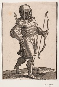 Soldat, går mot h.; støvler og knekort dress; i v. hånd en bue, i h. hånd en pil av Melchior Lorck