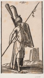 Stående soldat med buet skjold i v. hånd og i r. hånd et spyd holdt på skrå; sverd på hans høyre side, en dolk fast i beltet på hans høyre side; i bakgrunnen t.h. ruinen av en obelisk eller tårn med kvadratisk grunnplan av Melchior Lorck