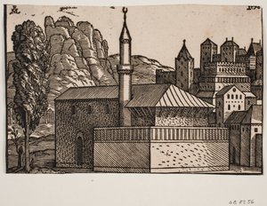 Uidentifisert moské med 1 minaret, t.v. høyt tre av Melchior Lorck