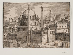 Uidentifisert moske med 2 minareter, sett fra nordøst; i forgrunnen byggeplass med stablede byggeklosser av Melchior Lorck