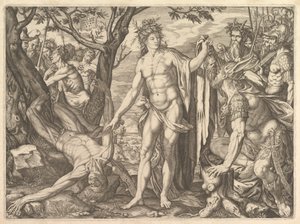 Apollo and Marsyas and the Judgment of Midas: til høyre Midas with the ears of a ass resti..., 1581.