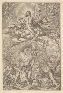 Kristi oppstandelse, omsluttet av en aureole og skyer med linjer med bevingede putti til..., 1577.