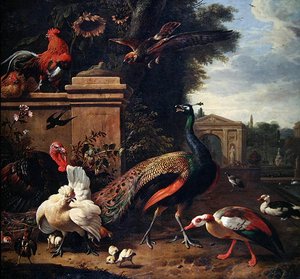 A Peacock, a Hawk and Diverse Fowl and Ducks in a Park (olje på lerret) av Melchior de Hondecoeter