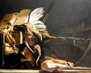 Et stilleben av en død fasan som henger fra en krok av Melchior de Hondecoeter
