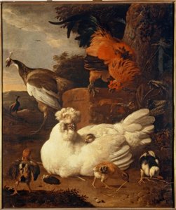 M. de Hondecoeter, hønemor med unger av Melchior de Hondecoeter