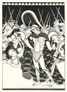 De begynte å slå mot hverandre med sverdene (farge litho)