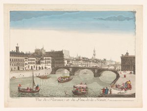 Utsikt over Ponte Santa Trinita over elven Arno i Firenze Vue de Florence et du Pont de la Trinité (tittel på objekt) av Mesard