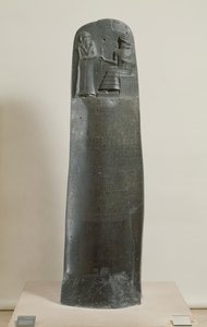 Code of Hammurabi: guden Shamash dikterer lovene sine til Hammurabi, kongen av Babylon, funnet i Susa, Iran, ca. 1750 f.Kr. (dioritt) (for detaljer se 69507)