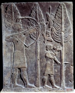 Fuglejaktscene. Lavt relieff i albaster fra Palace of Sargon II eller Sharroukin, konge av Assyria til Khorsabad (Khunsabad) (Mesopotamia), Irak. 722-705 f.Kr. Paris. Museet Louvre av Mesopotamian Mesopotamian