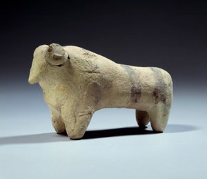 Medopotamie: terrakotta oksestatuett med malte striper. Obeid-perioden (5000-4000 f.Kr.) 4700-4200 f.Kr. Paris, Louvre-museet av Mesopotamian Mesopotamian